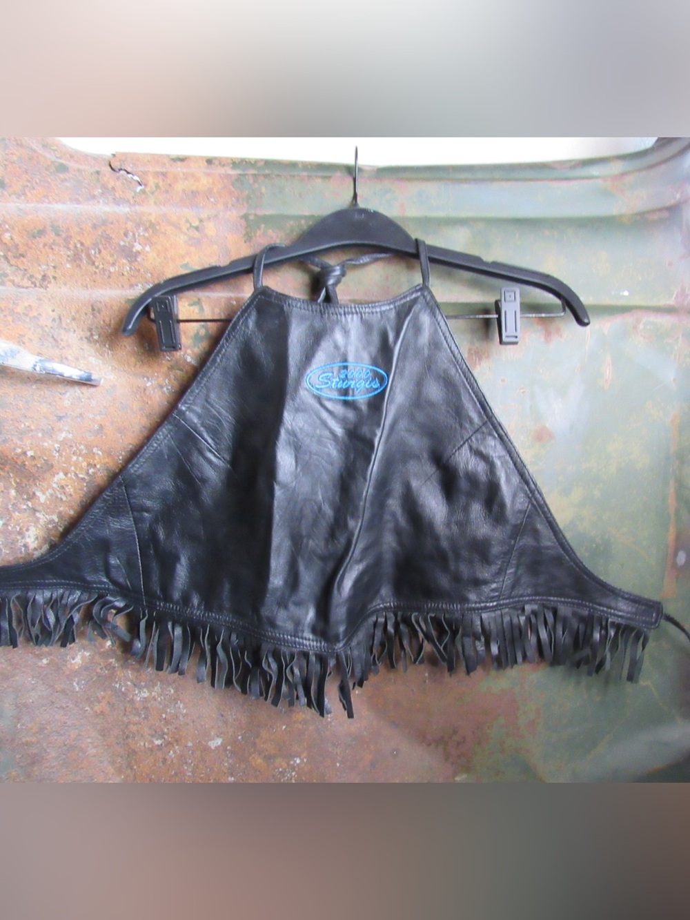 Y2K Sturgis Motorcycle Rally Black Leather Fringe Halter Top